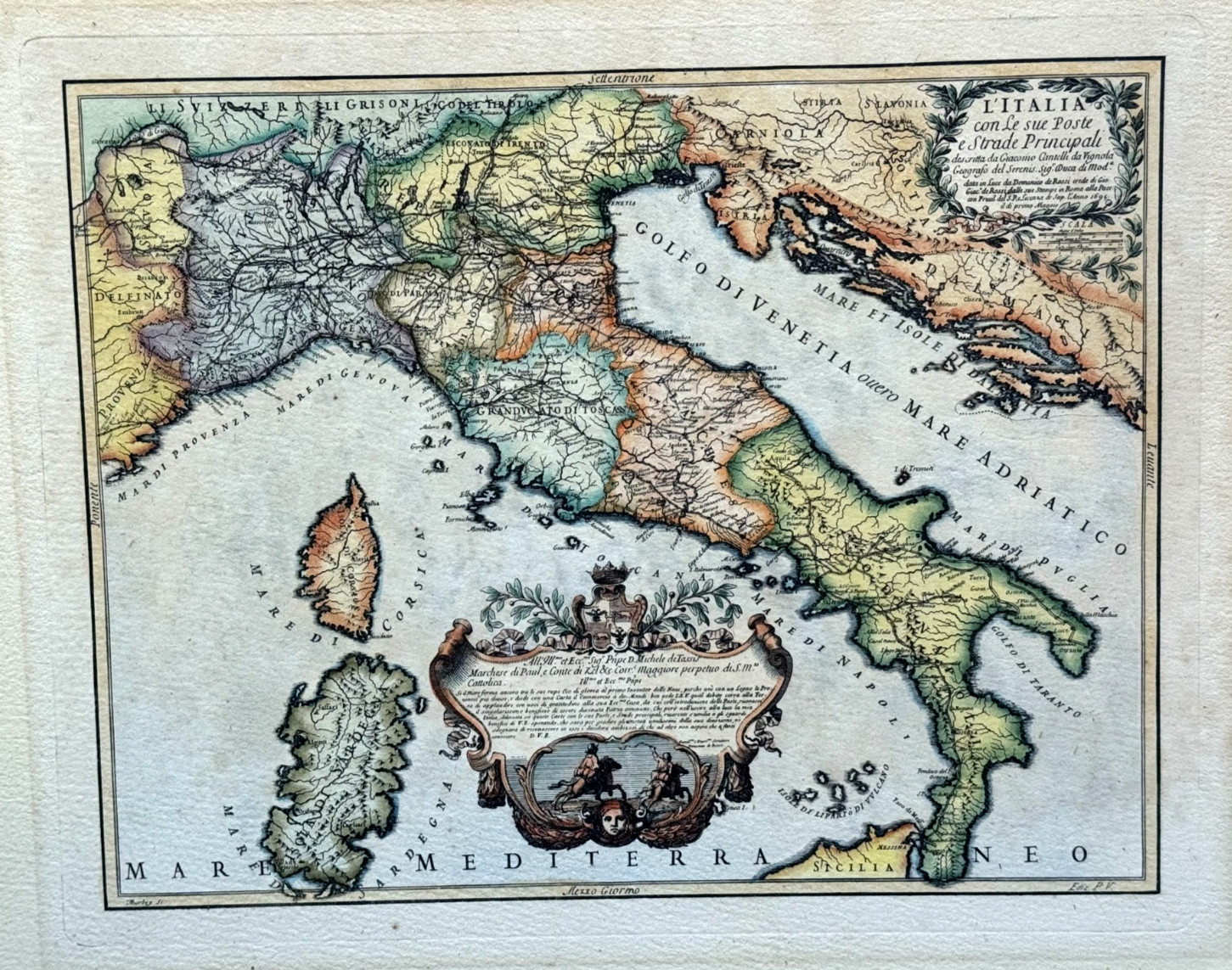 OLD ANTIQUE MAP OF ITALY HAND COLORED ENGRAVING MEZZOGIORNO BURBEY EDIZ P.V ART