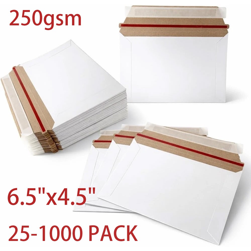 25-1000pcs 6.5 x 4.5 White RIGID PHOTO SHIPPING FLATS CARDBOARD ENVELOPE MAILERS