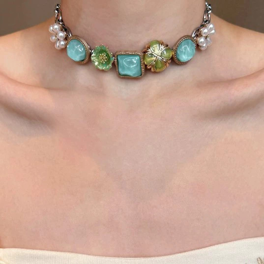 Vintage Green Floral Choker Necklace Faux Pearl Turquoise Stone Statement Jewelr