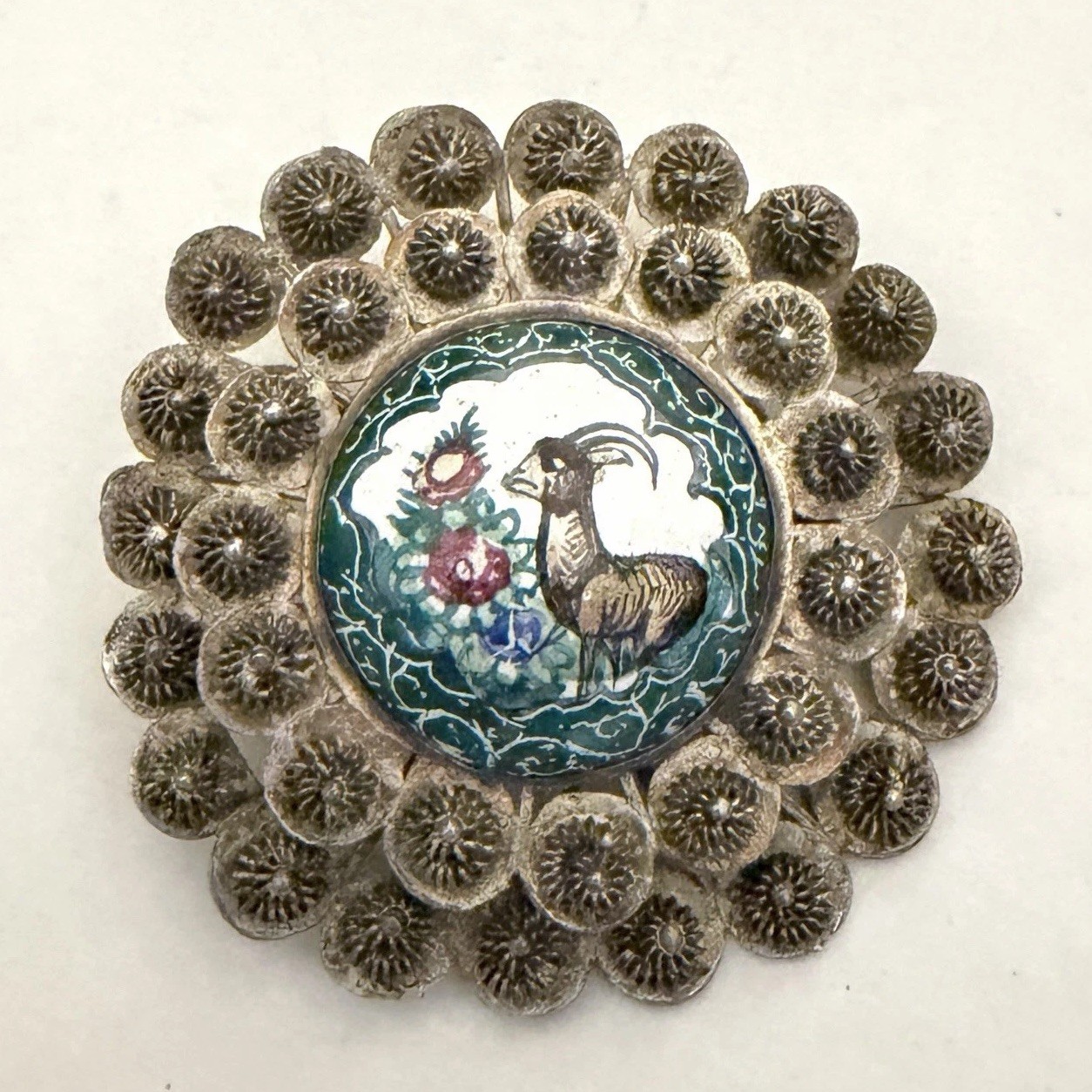 Vintage Antique Sterling Silver Enamel Brooch Persian Filigree Hand Painted Vintage Antique Sterling Silver Enamel Brooch Persian Filigree Hand Painted