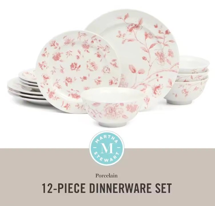 Pink Floral 12-Piece Porcelain Dinnerware Set – Elegant Decorative Plates & Bowl