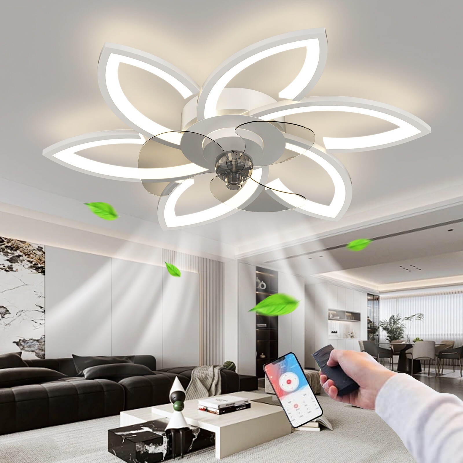 Modern Dimmable Fan Lights Flush Mount LED Ceiling Light with Remote APP Control