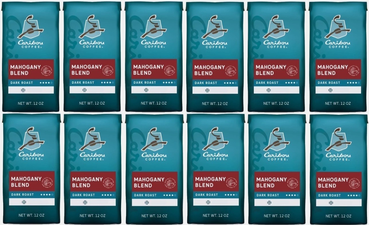 Caribou Coffee Mahogany Blend Whole Bean Coffee Dark Roast, 12 Bags, JAN/2027