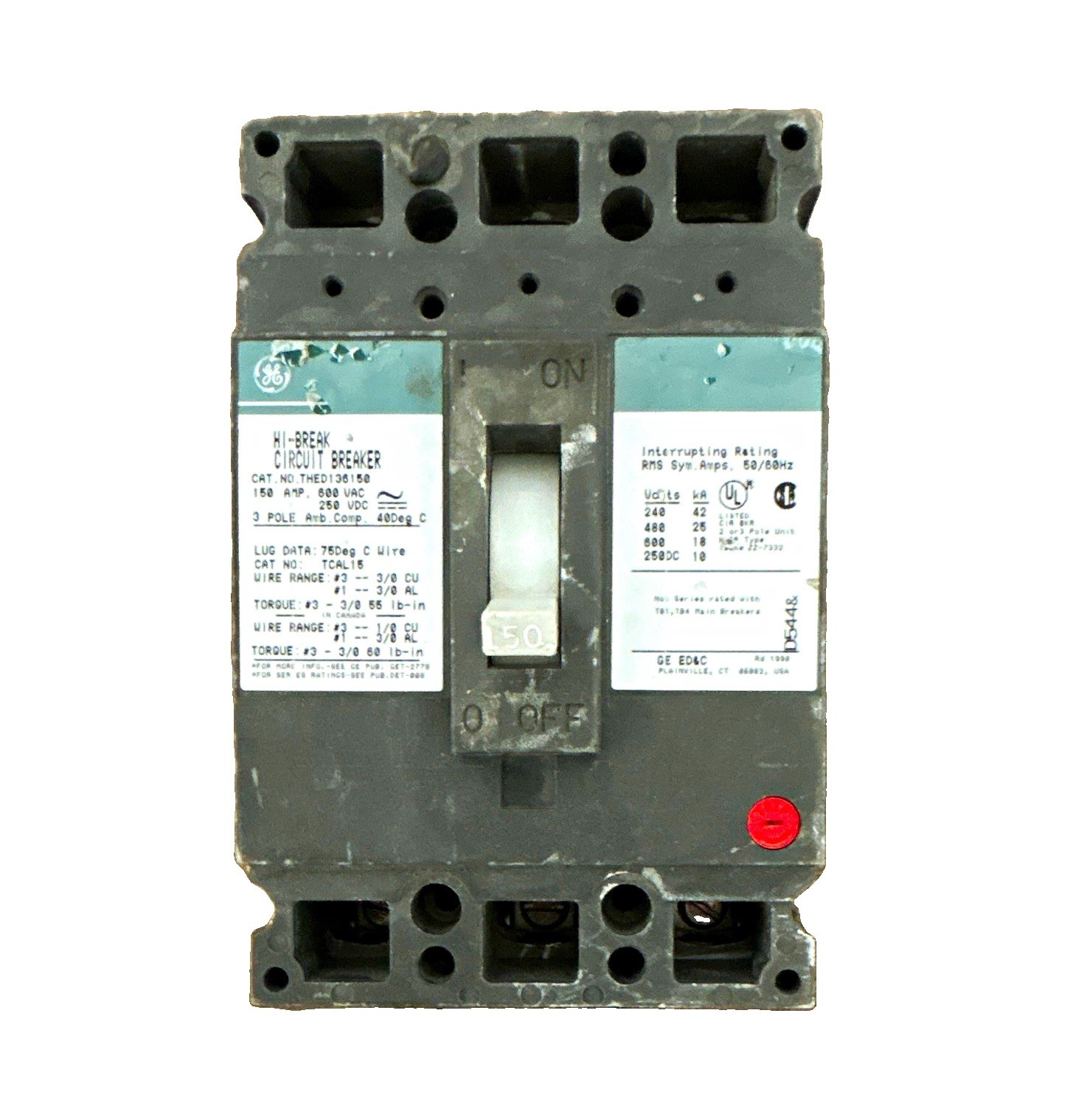 GE THED136150 Industrial Circuit Breaker 150A 3-Pole 600VAC 250VDC GE THED136150 Industrial Circuit Breaker 150A 3-Pole 600VAC 250VDC