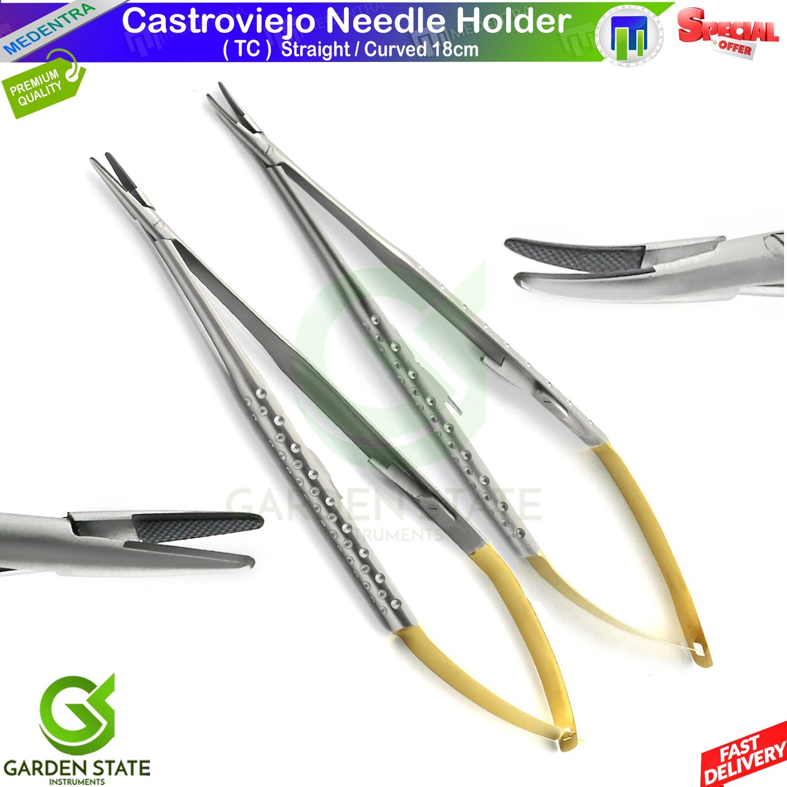 2 piezas Portaagujas Castroviejo recto y curvo TC 18 cm para micro sutura
