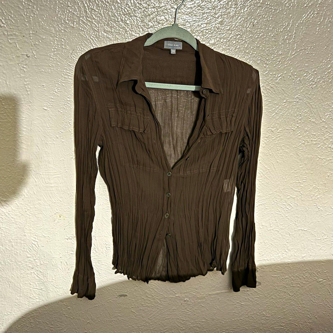 Marc Aurel 100% Silk Sheer Brown Button Up Blouse EU 38 Y2K Vintage