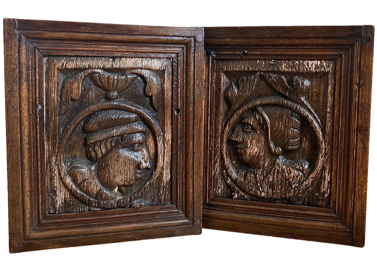PAIR of PRIMITIVE ANTIQUE 16thC TUDOR CARVED OAK ROMAYNE PORTRAIT PANELS
