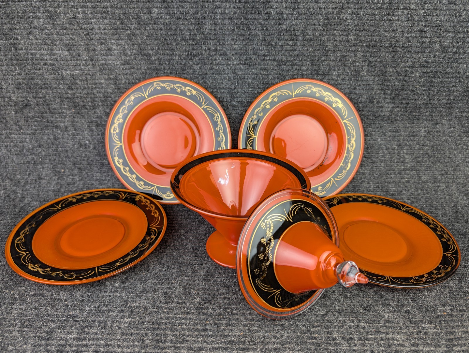 Antique Imperial Russian Lacquer Sorbet Set 4 Plates & Lidded Bowl Gold Gilt Antique Imperial Russian Lacquer Sorbet Set 4 Plates & Lidded Bowl Gold Gilt