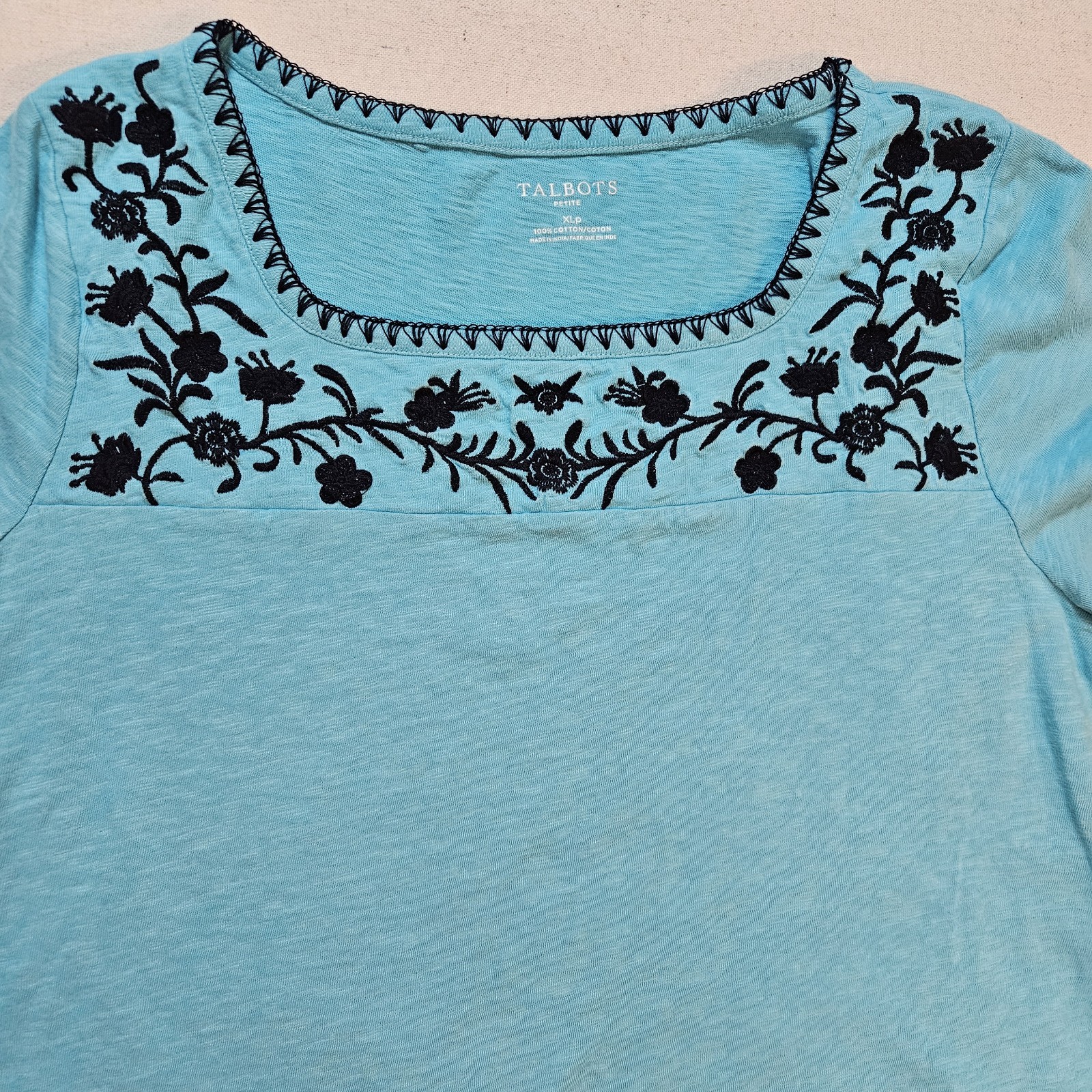 Talbots Women\'s XL Petite Embroidered Square Neckline Cotton Top Turquoise Talbots Women\'s XL Petite Embroidered Square Neckline Cotton Top Turquoise