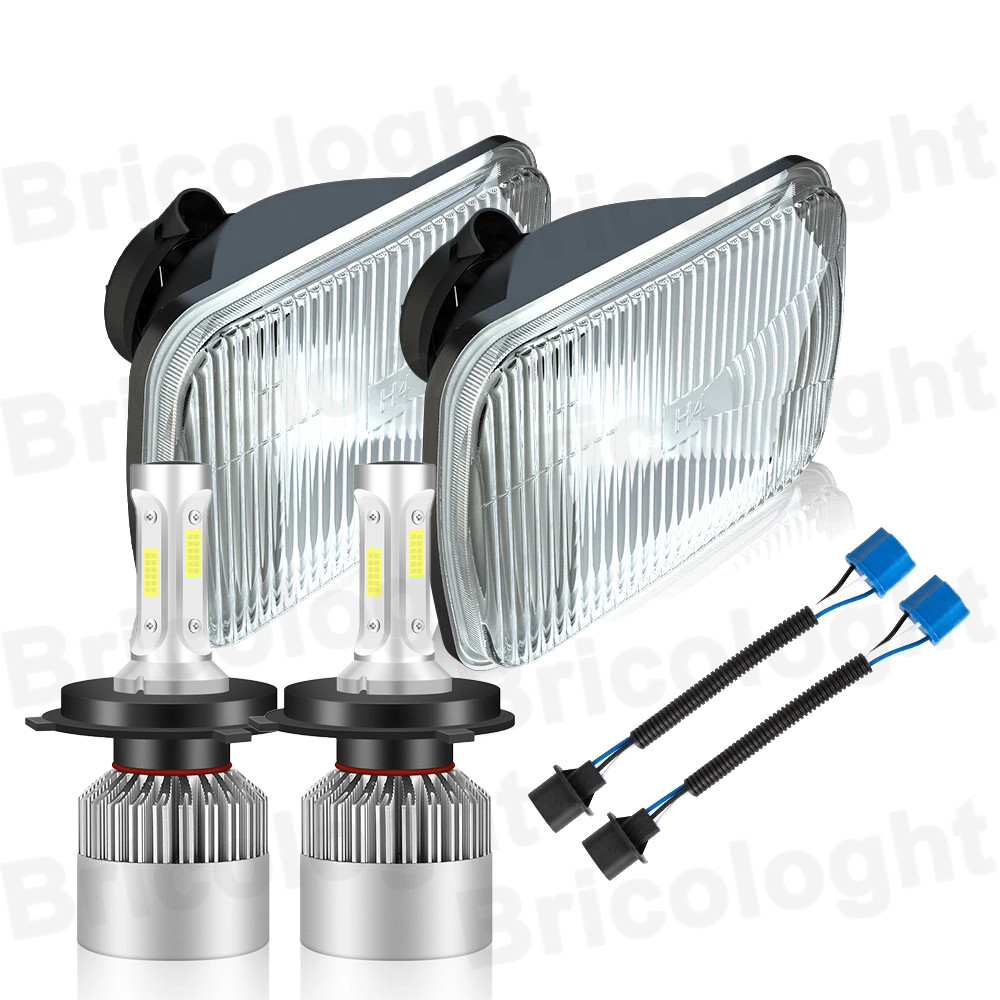 7X6 Crystal Clear Glass Lens Metal Headlight H4 Halogen Light Bulb Headlamp Pair