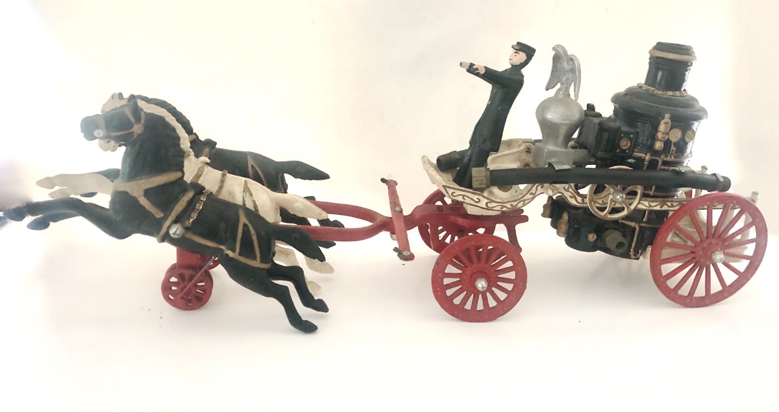 Vintage Cast Iron Fire Pumper Wagon 3 Horse Drawn 20 Inches Long Nice