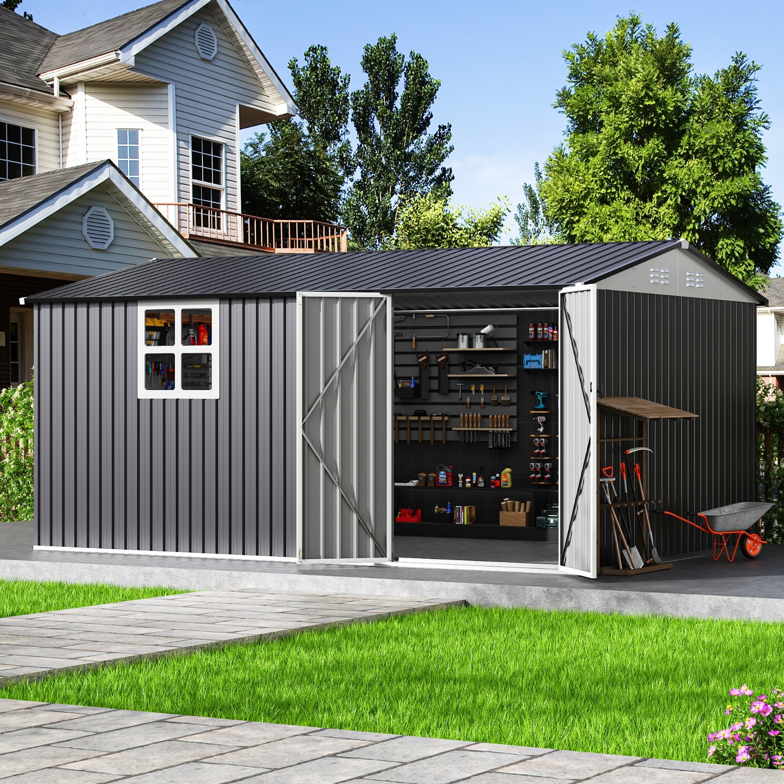 10x14 FT Outdoor Metal Storage Shed with Window,Galvanized Steel Tool Shed