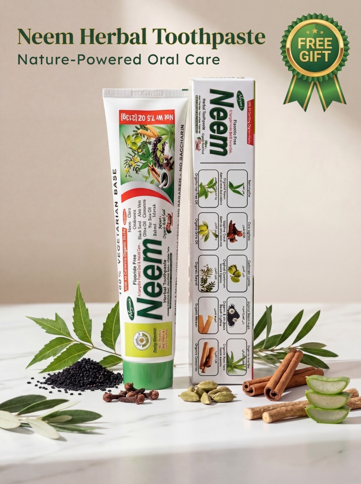 NEEM Toothpaste, Natural and Organic ingredients, Fluoride Free & Free Gift
