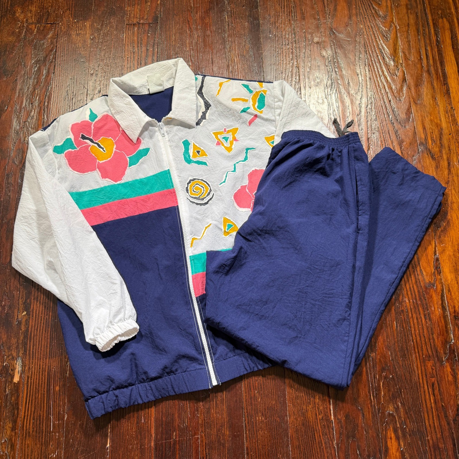 Vintage 80s Teddi Sport Tracksuit Women L Navy Blue Floral Windbreaker Set