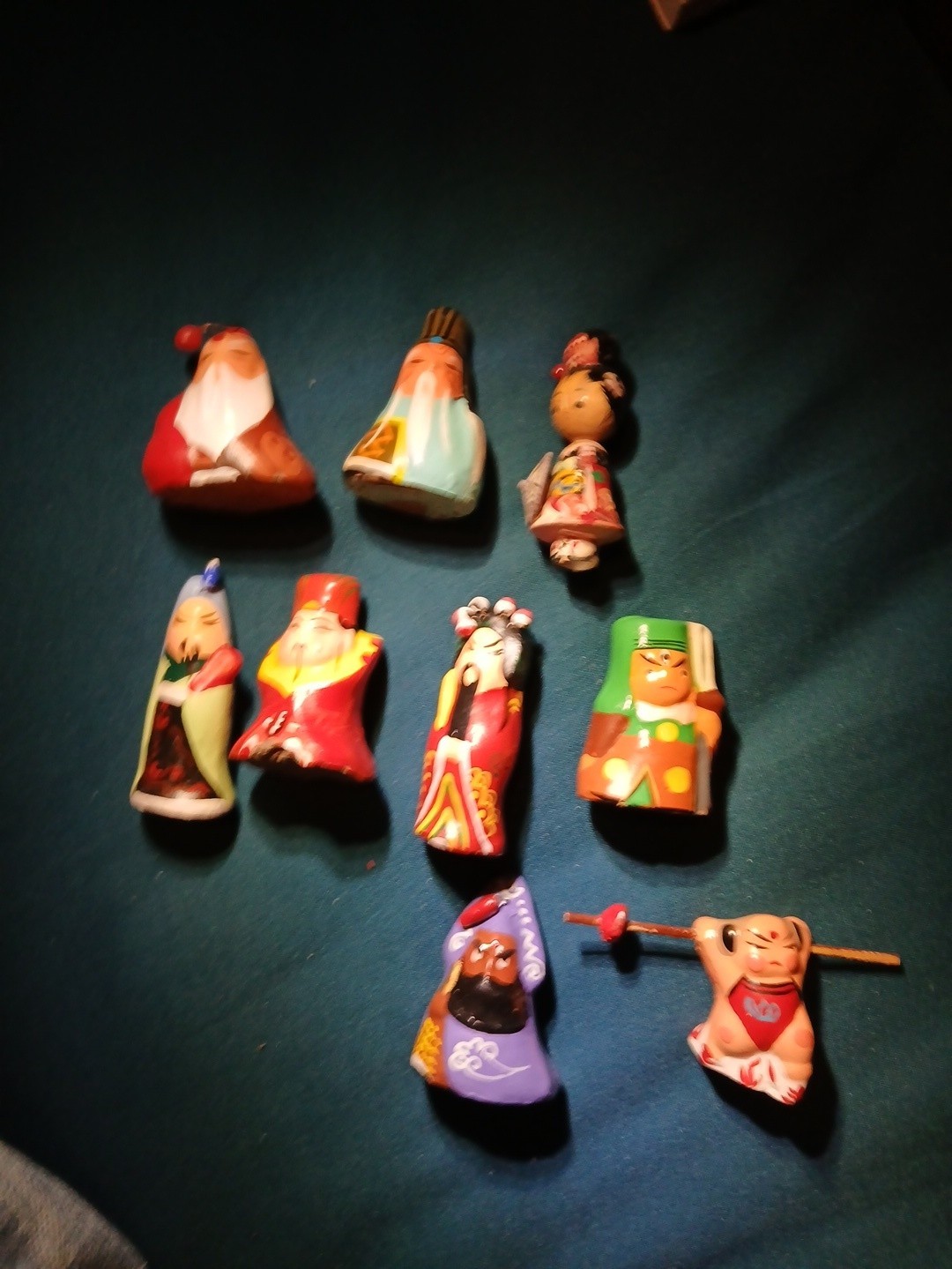 Set Of 9 Vintage Chinese Clay Hand Panted Folk Art Style Set Of 9 Vintage Chinese Clay Hand Panted Folk Art Style