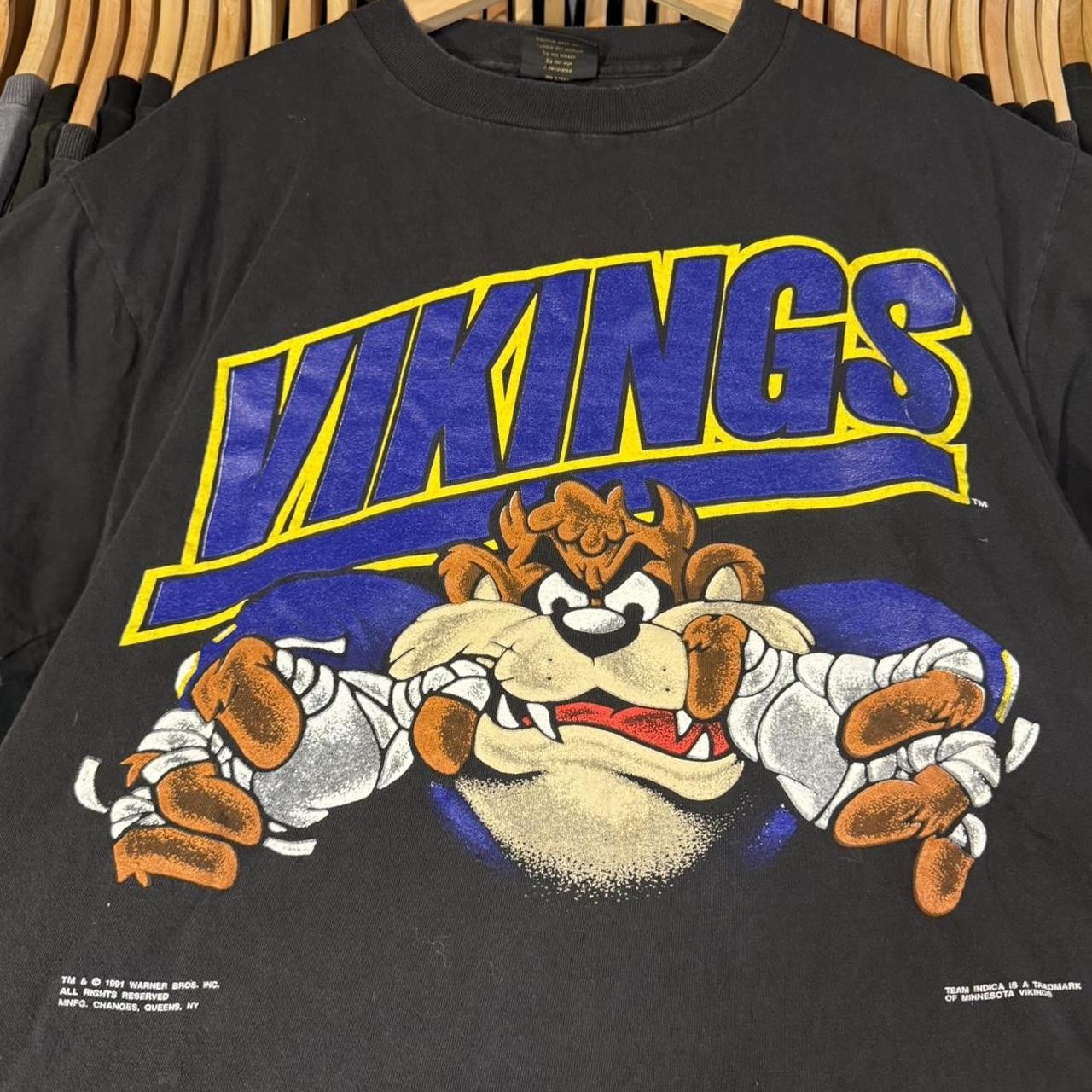 90s vtg Minnesota Vikings NFL Taz Funny Black T shirt Football team HN2342