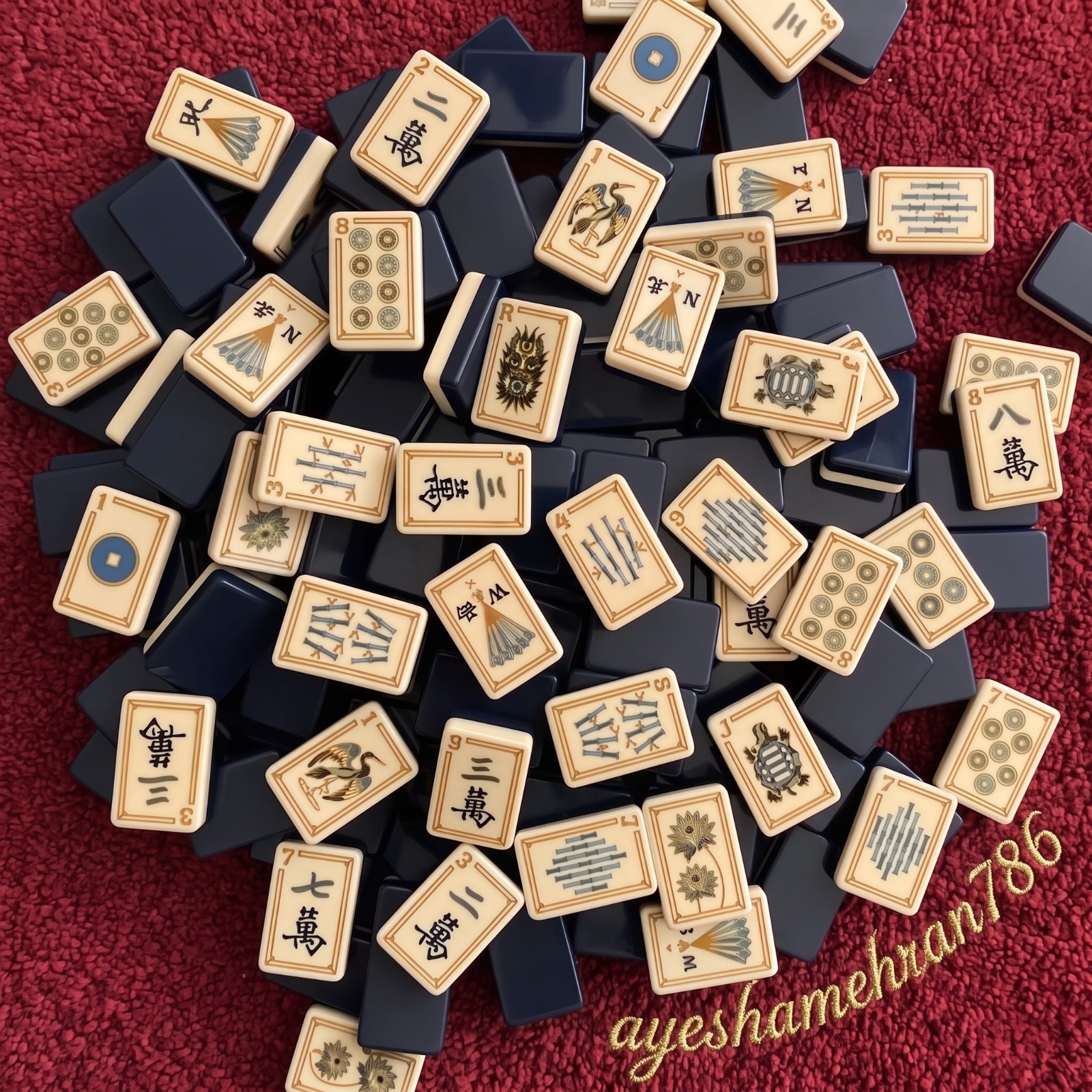 Sunday Blue American Mahjong Set 160 Acrylic Tiles Gold Border Engraved Design