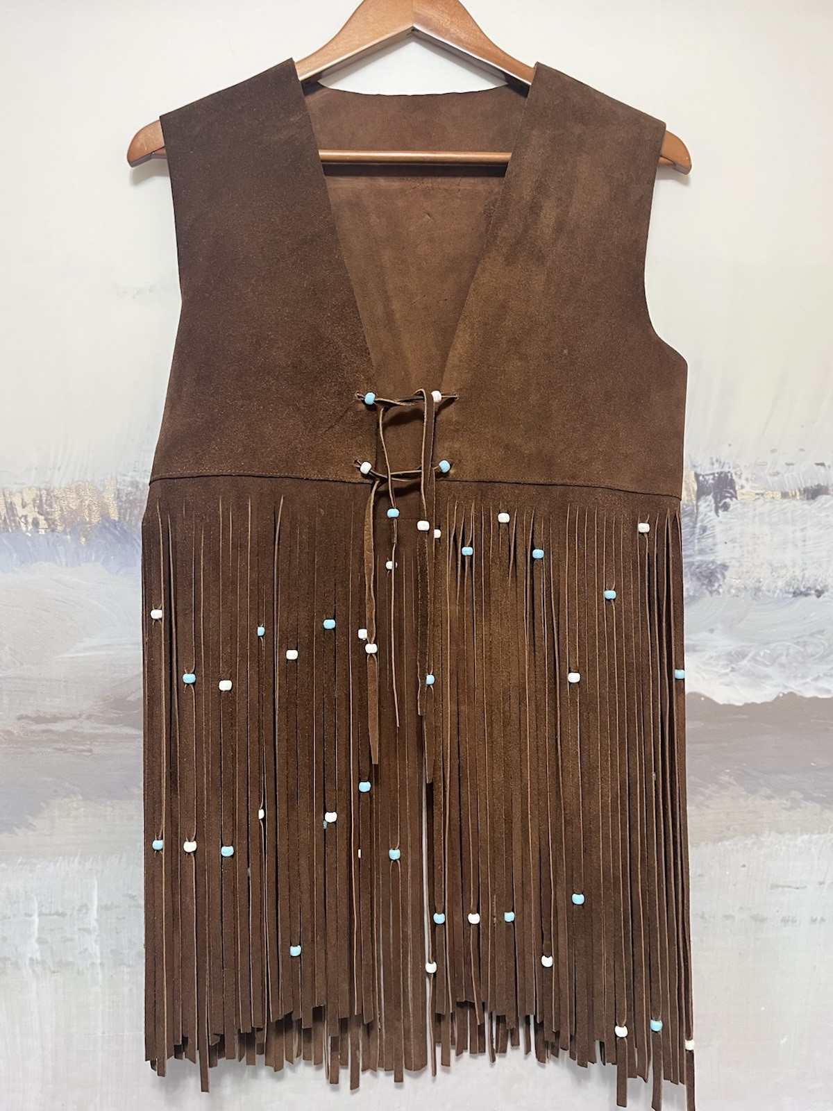 Vtg 70s DUETTE Spain Suede Leather Fringe Vest Brown Beaded Boho Hippy Woodstock