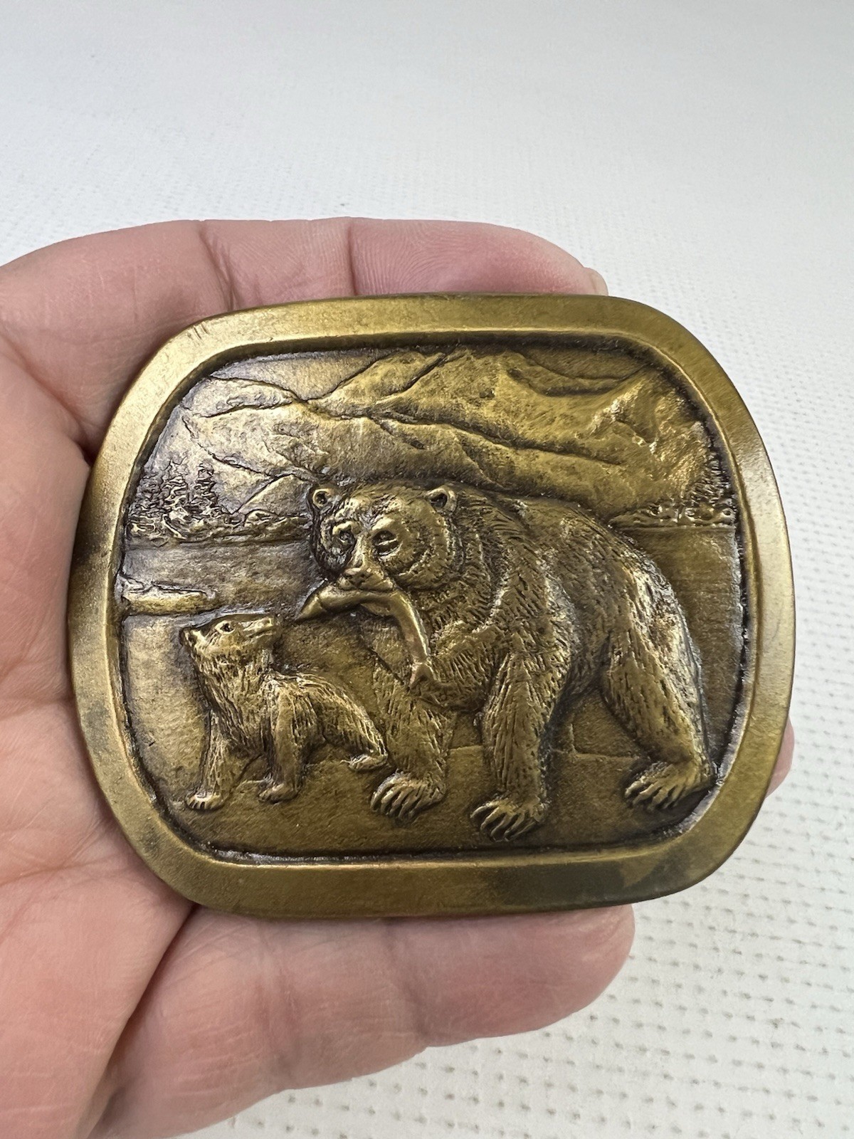 Vintage 1976 Indiana Metal Craft Bear & Cub Fish Belt Buckle Wildlife Mountain