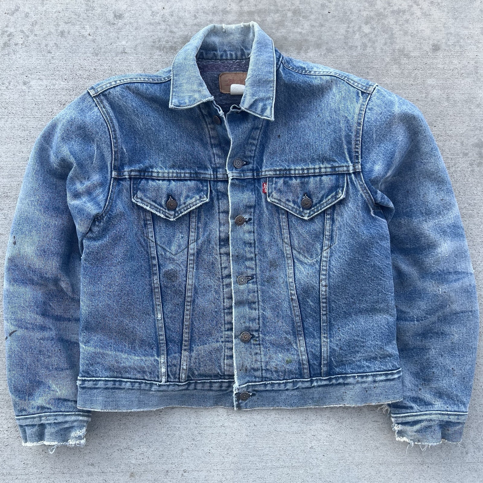Vtg 70s Levis 70505 Blanket Lined Denim Trucker Jacket Size 44 USA Distressed