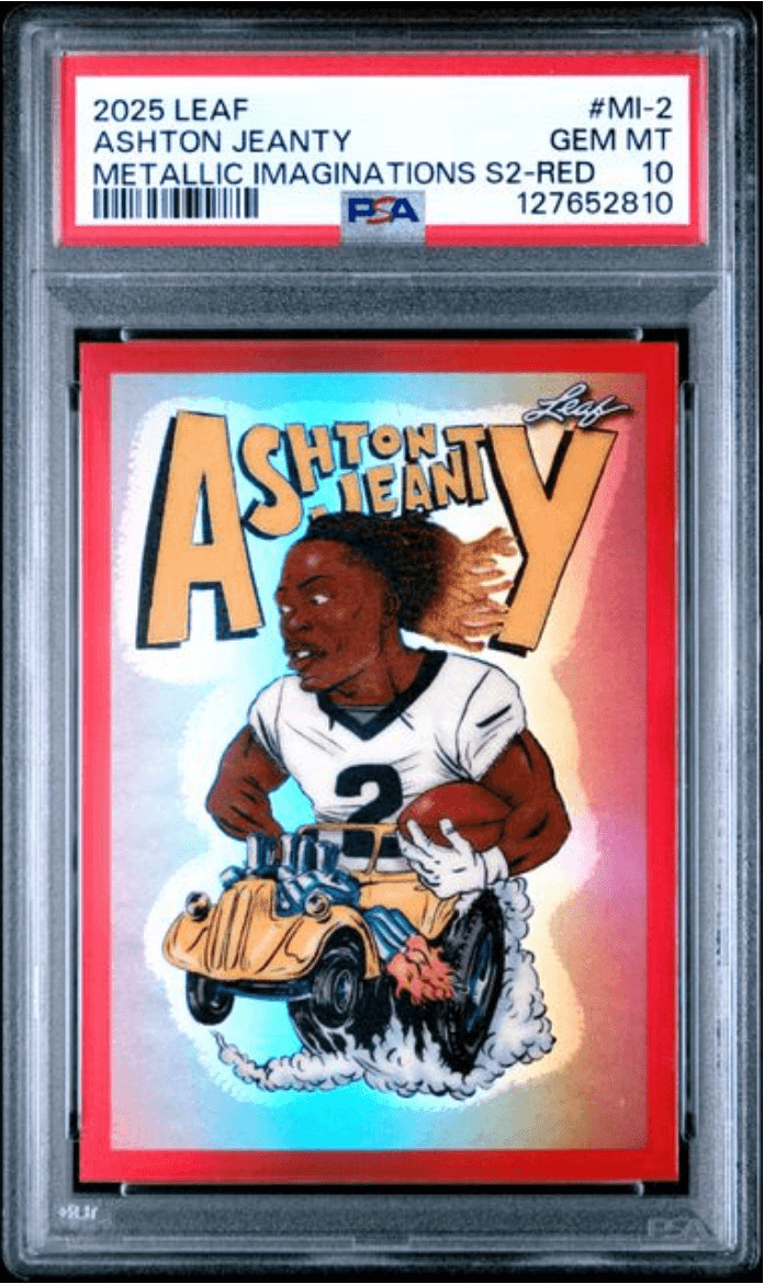 Graded 2025 Leaf Ashton Jeanty MI2 Metallic Series Red /199 RC Card PSA 10 Graded 2025 Leaf Ashton Jeanty MI2 Metallic Series Red /199 RC Card PSA 10