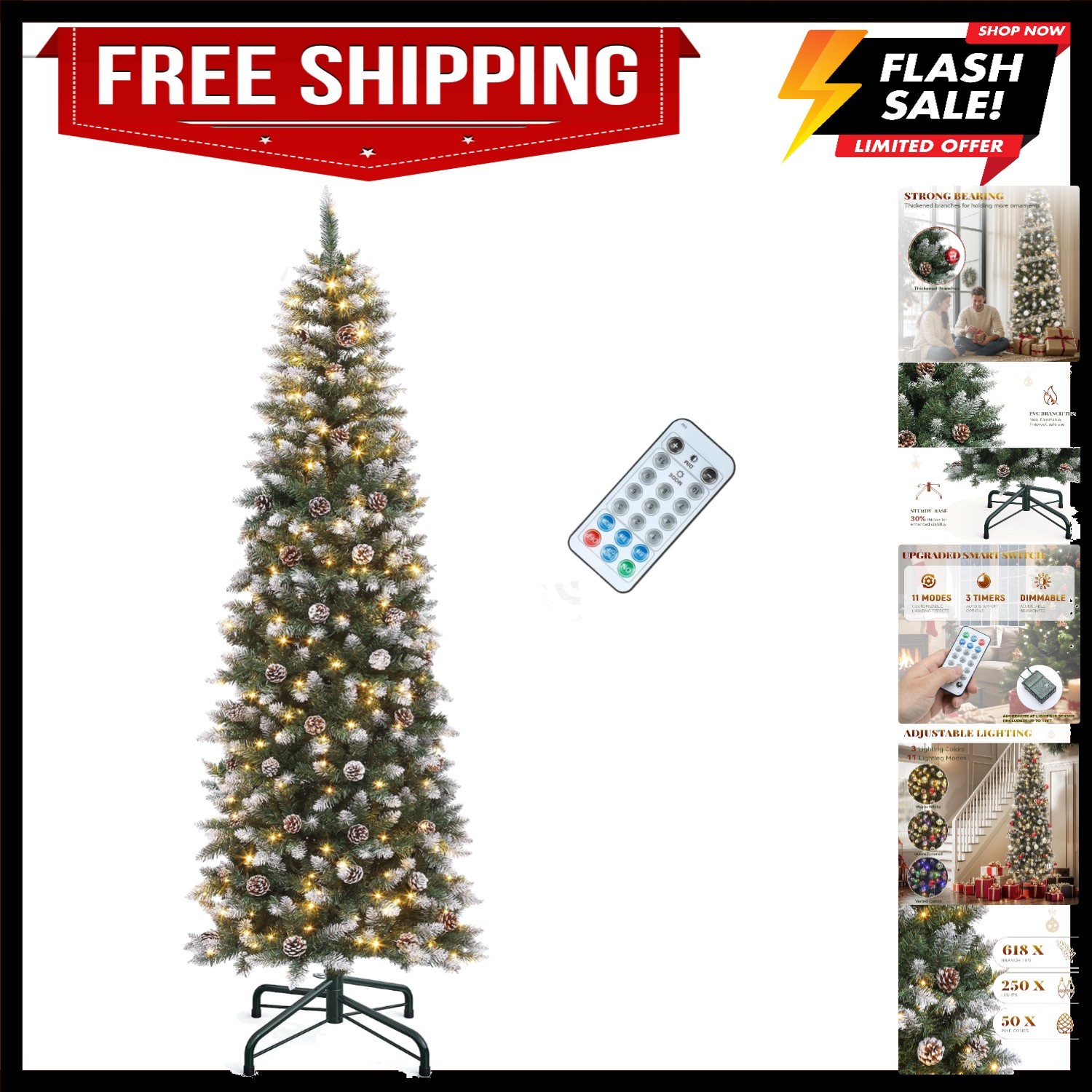 Luxurious 6FT Prelit Pencil Christmas Tree - Remote Control & Pine Cones