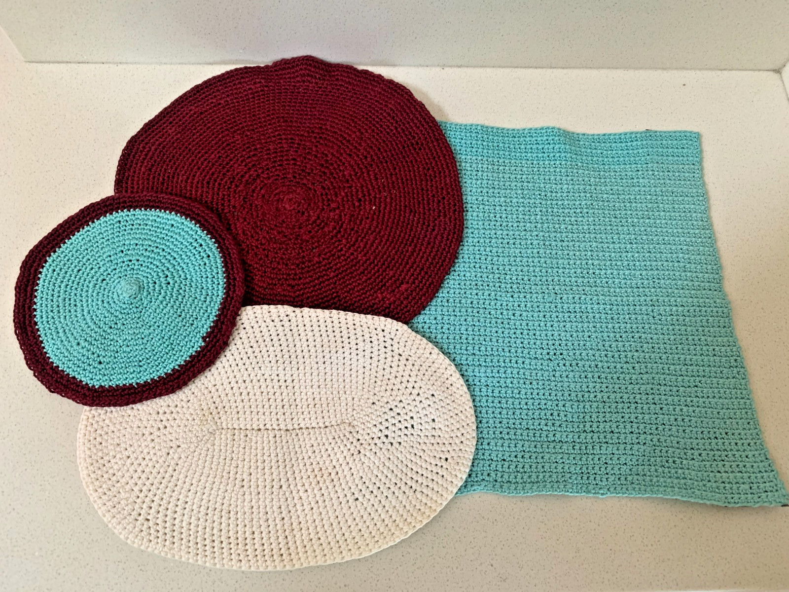 Vintage Hand-Crocheted Dollhouse Rugs 4 Pieces, Various Sizes