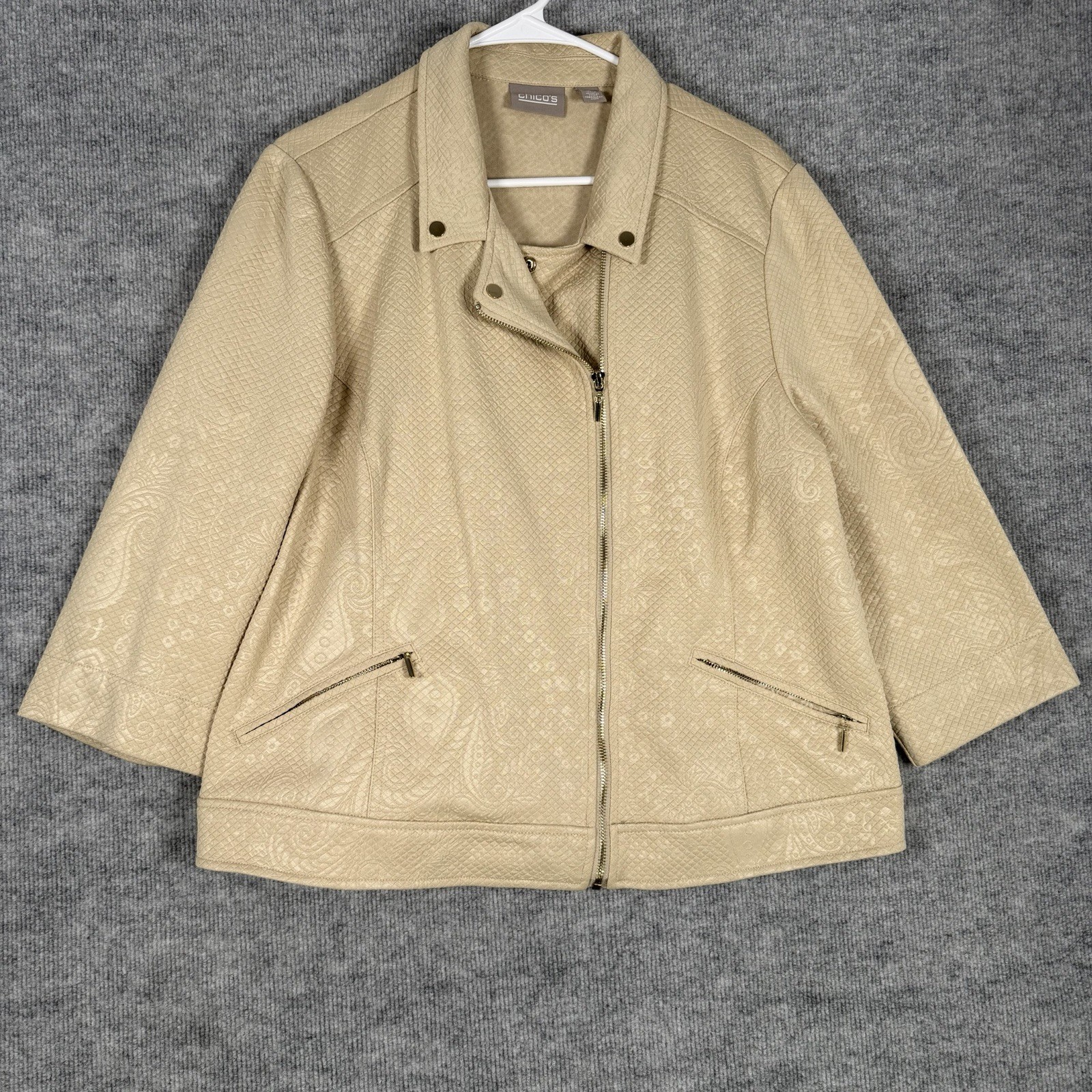 Chico\'s Size-3 Beige Textured Jacquard Jacket Business Preppy