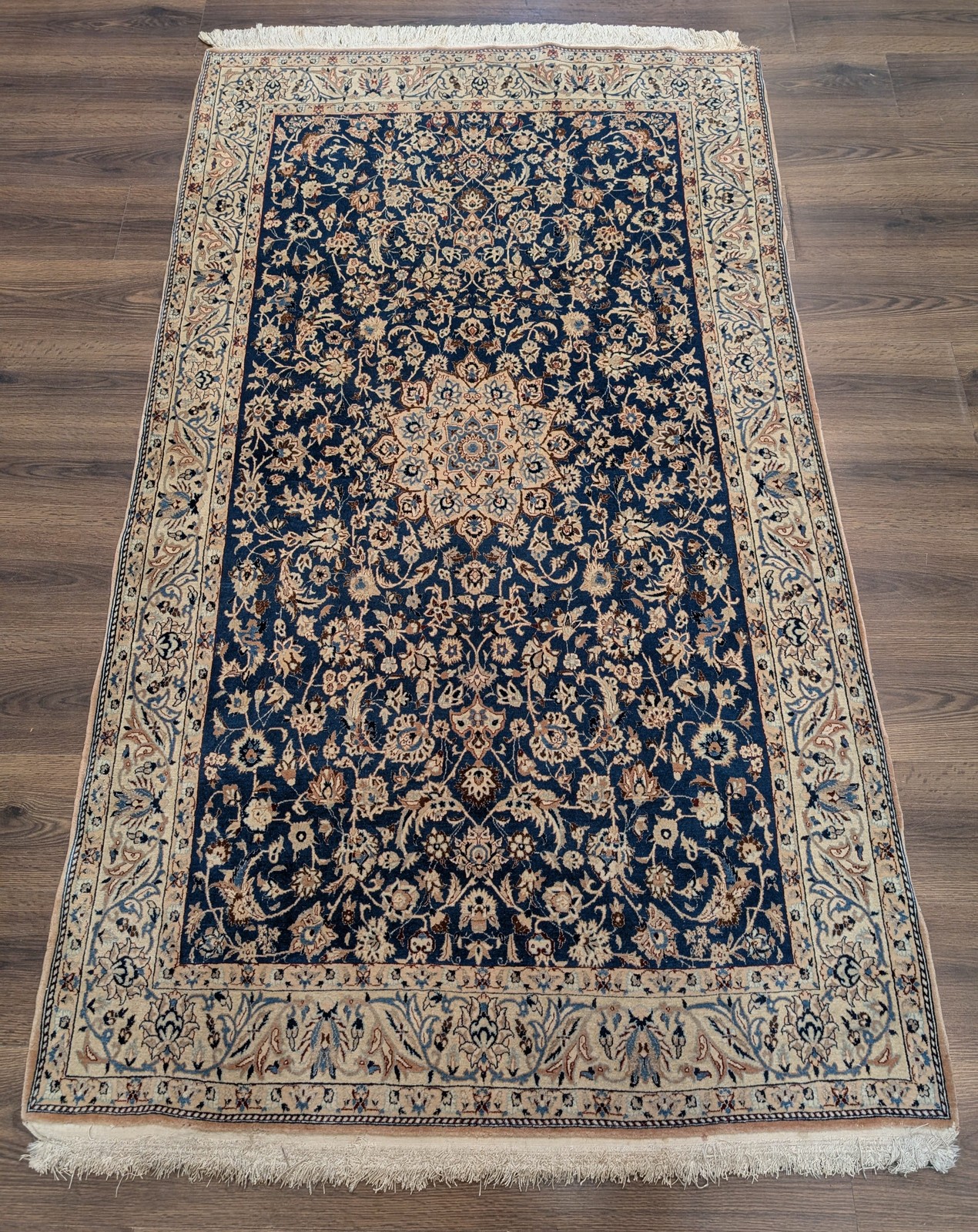 Per\'sian Nain Rug 4x7 Navy Blue Ivory Super Fine 550 KPSI Kork Wool & Silk Wow