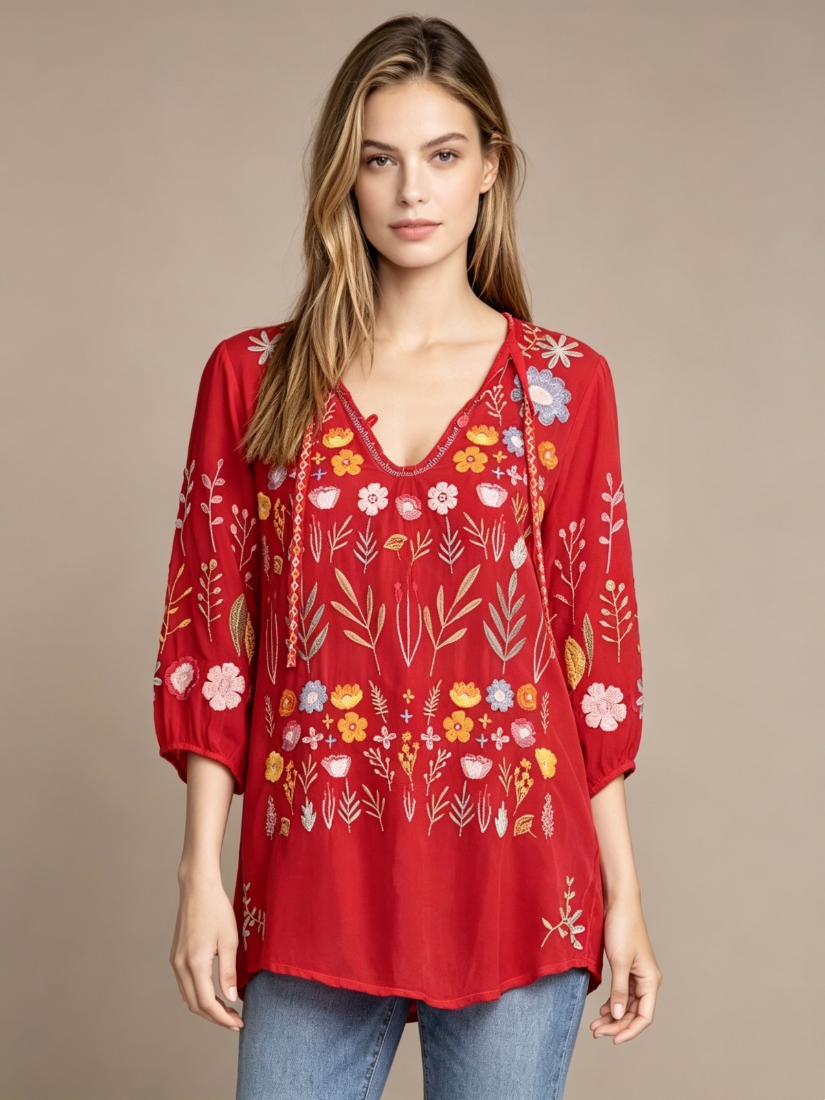 NWOT JOHNNY WAS Mikah Tunic Blouse Embroidered Floral Rayon Boho Size S