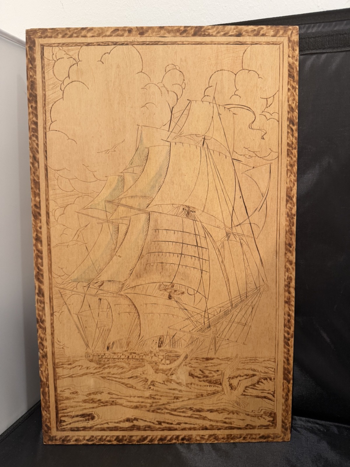 Vintage 1930s Dibble Studio USS Constitution Pyrography Wood Plaque Harry Ungar