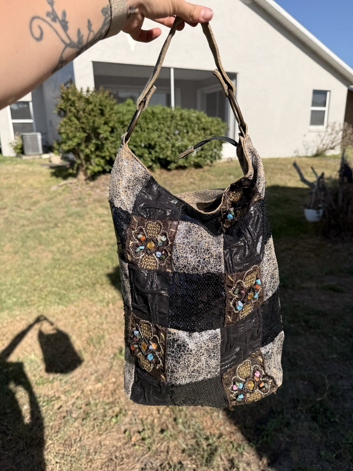 Vintage Vinyl Patchwork Sequin Hobo Bag