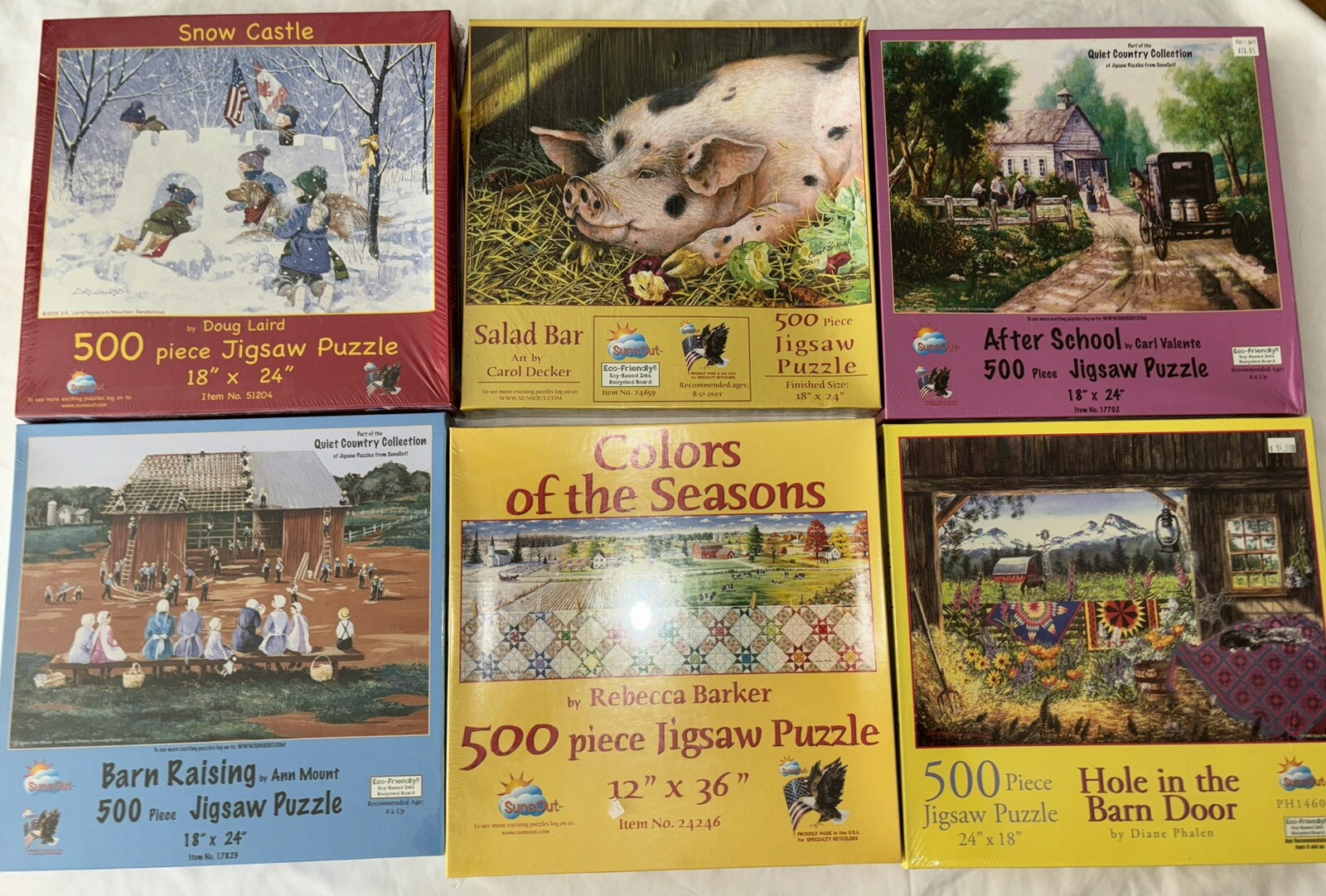 SunsOut Factory SEALED 500 Pieces Puzzles NEW Pigs Barns Amish Country Each 1 SunsOut Factory SEALED 500 Pieces Puzzles NEW Pigs Barns Amish Country Each 1