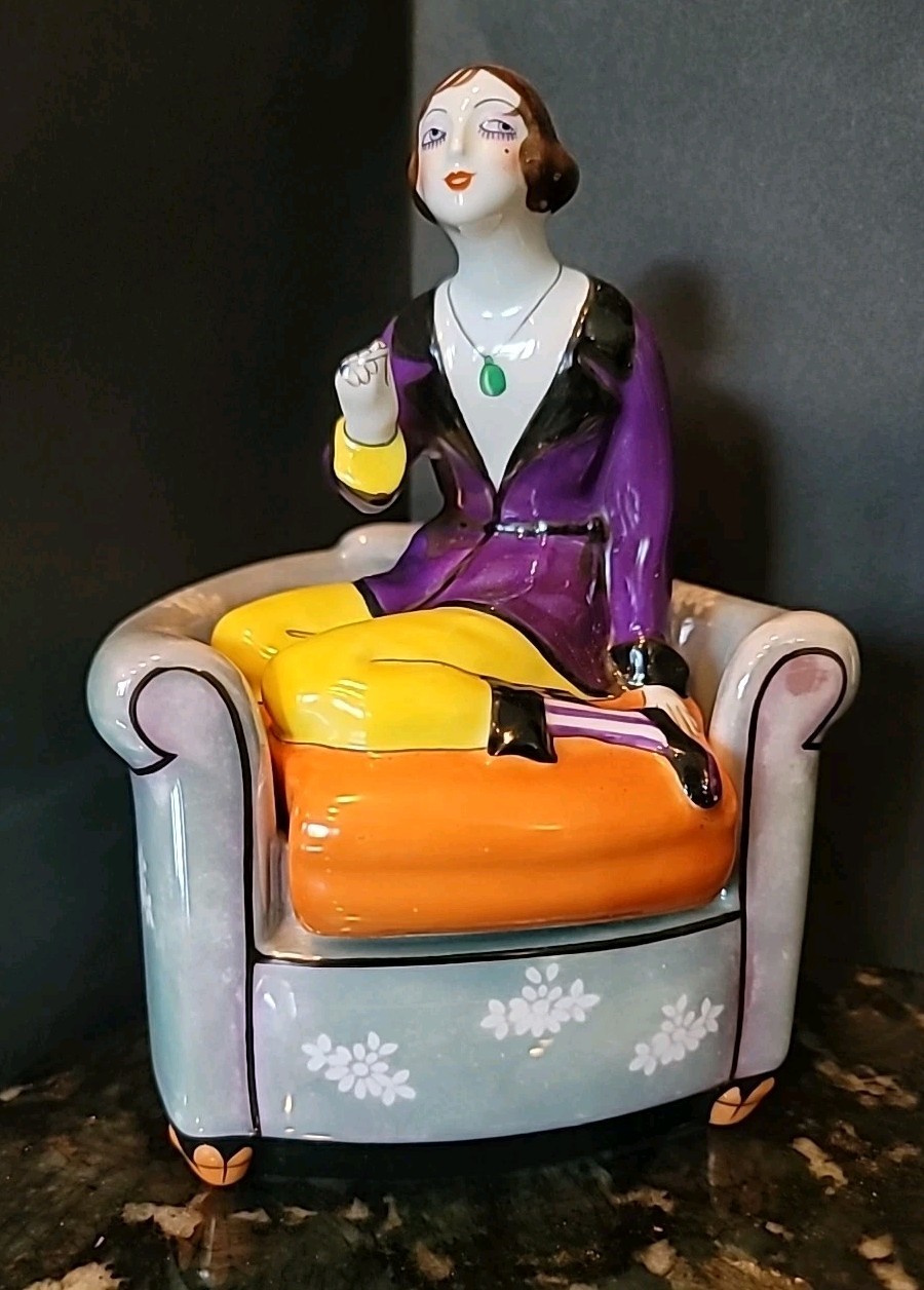 ART DECO Cigarette Box Noritake Flapper Girl Smoking Porcelain EXT RARE