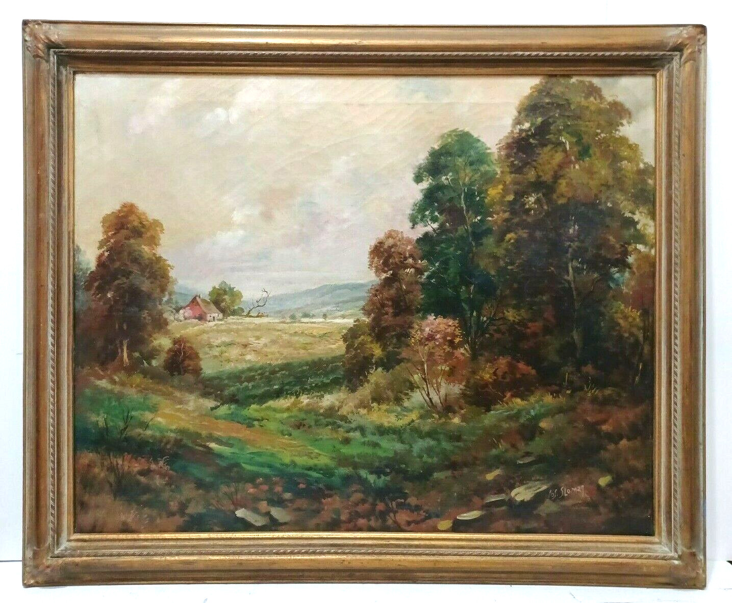 LISTED AMERICAN JOSEPH SLOMAN Sd O/C ANTIQUE RURAL LANDSCAPE CLOSED CORNER FRAME