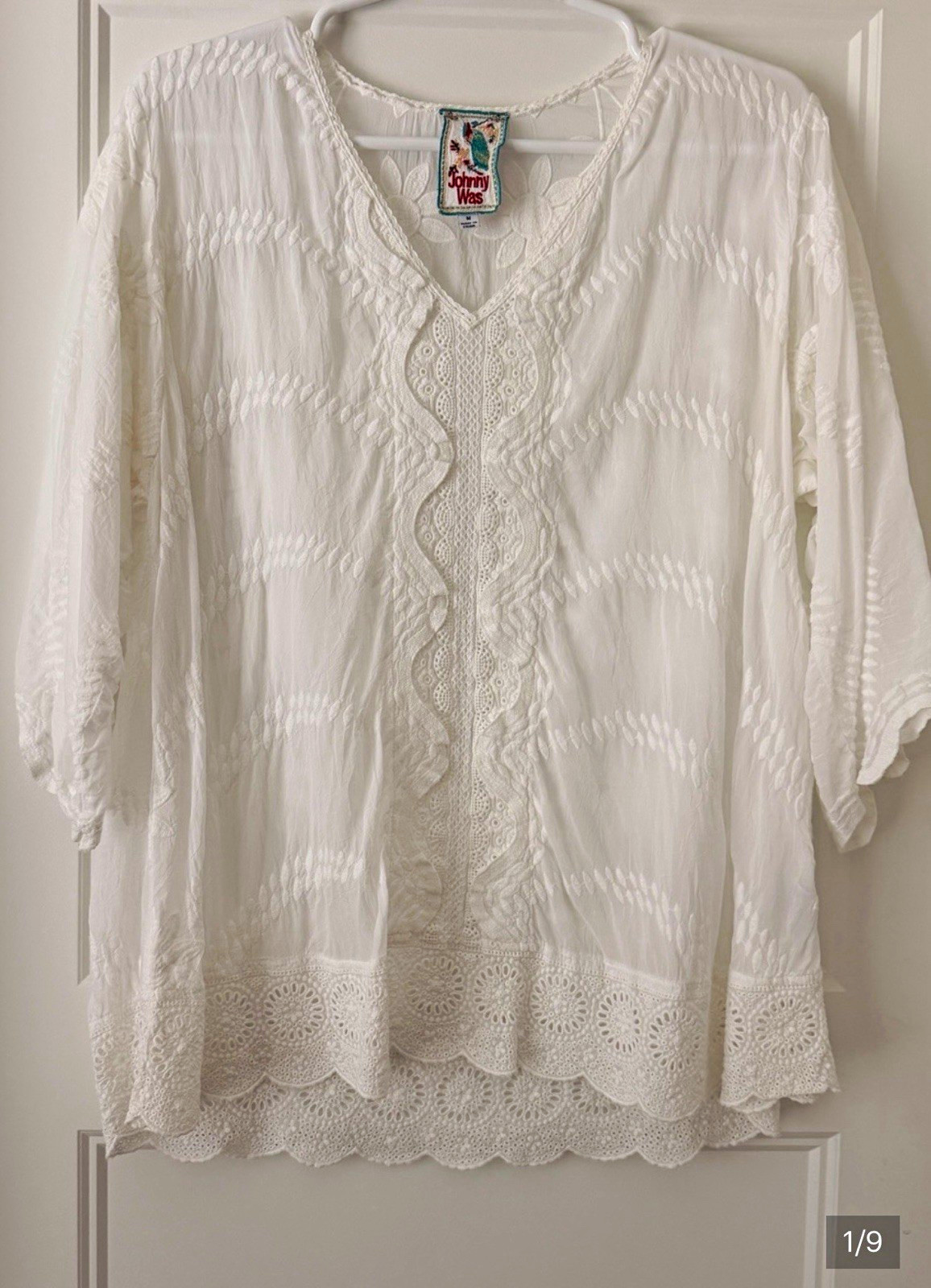 Johnny Was White Lace Embroidered Floral V-Neck Short Sleeve Cotton Blouse M
