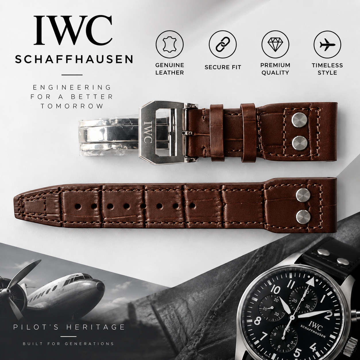 IWC PILOT SERIES 21mm BROWN Alligator Skin Strap Leather Watch Band IWC PILOT SERIES 21mm BROWN Alligator Skin Strap Leather Watch Band