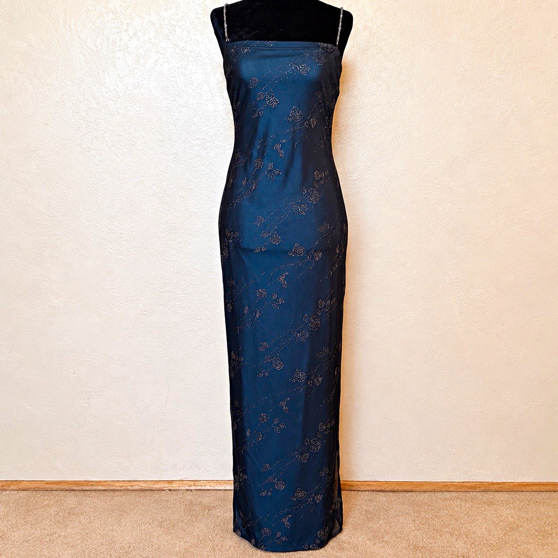 Vintage Ecru Studio Blue Floral Chiffon Beaded Spaghetti Strap Maxi Dress Size S