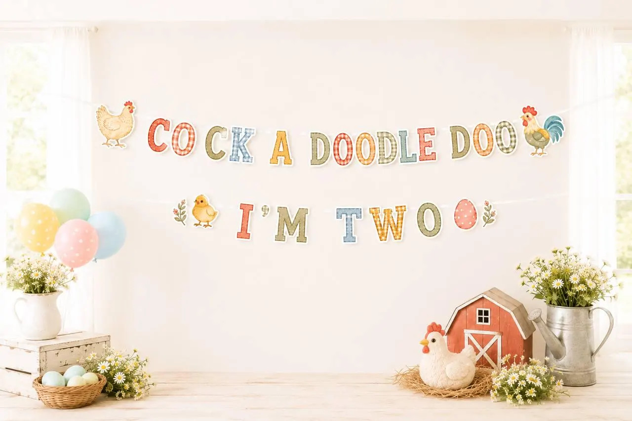 Cock Doodle Doo I\'m Two Birthday Banner Farm 2nd Decor Chicken Party Barnyard