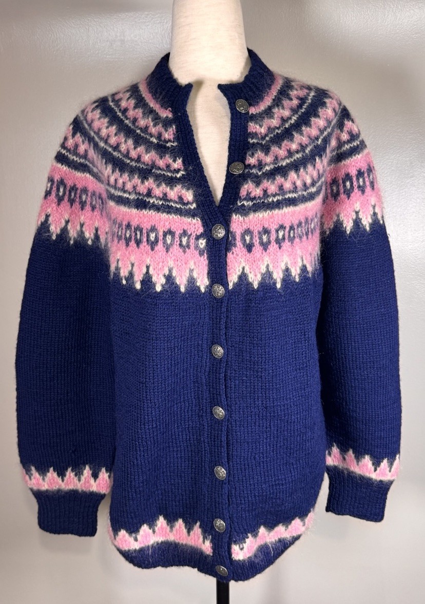 Vintage Norsk Handstrikk Hand Knit Sz L Fair Isle Nordic Metal Button Cardigan