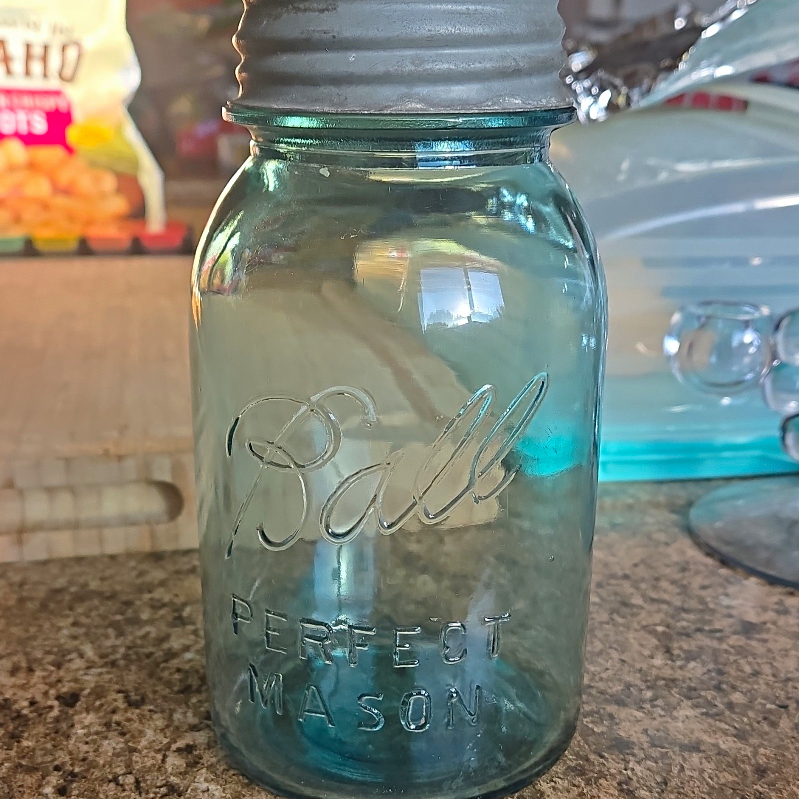 Ball Vintage Perfect Mason Blue Glass Quart Jar with Zinc Lid.  RARE #13