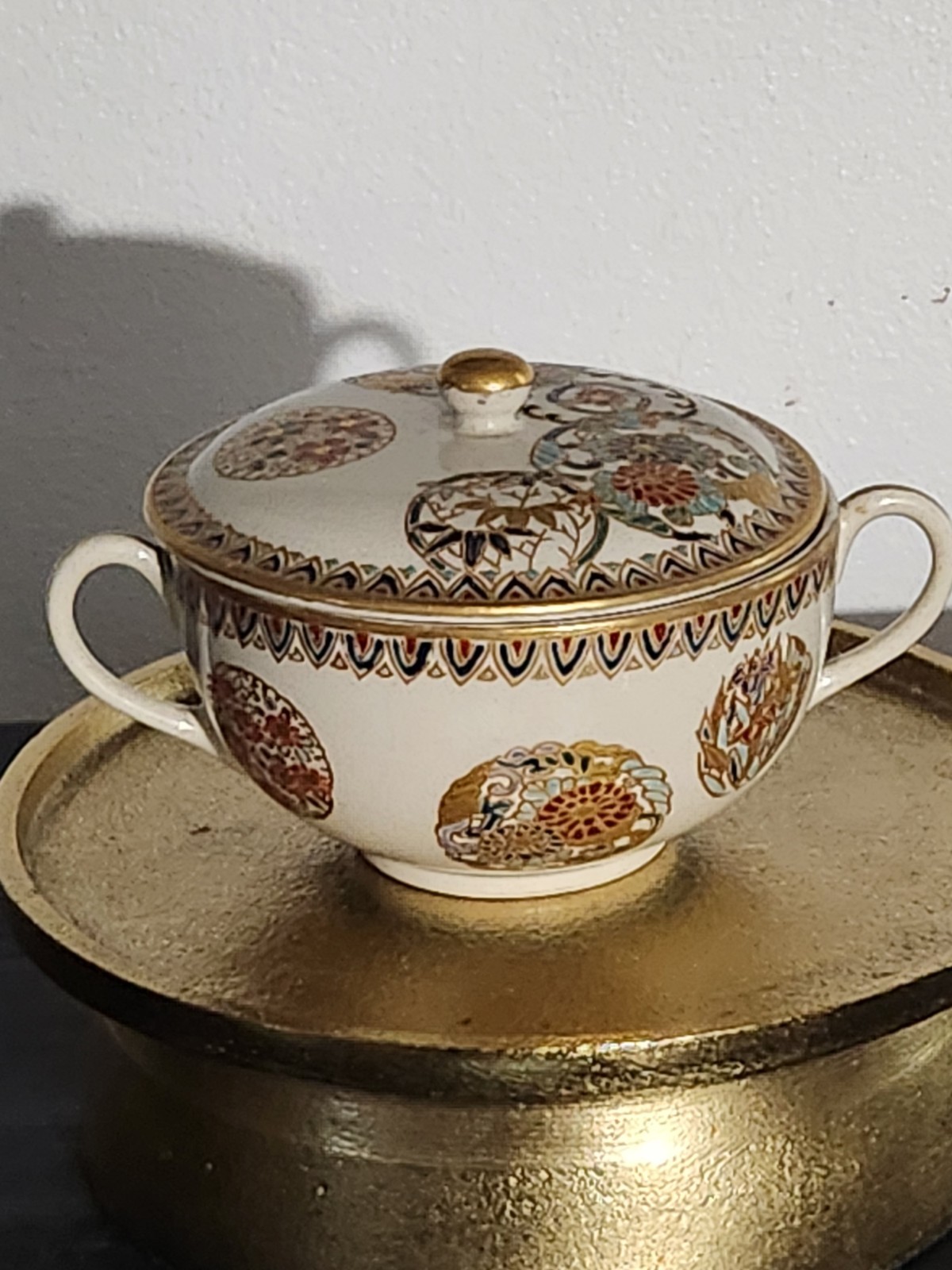 Antique Japanese Satsuma Lidded Sugar Bowl Meiji Nikko Signed Thousand Flowers
