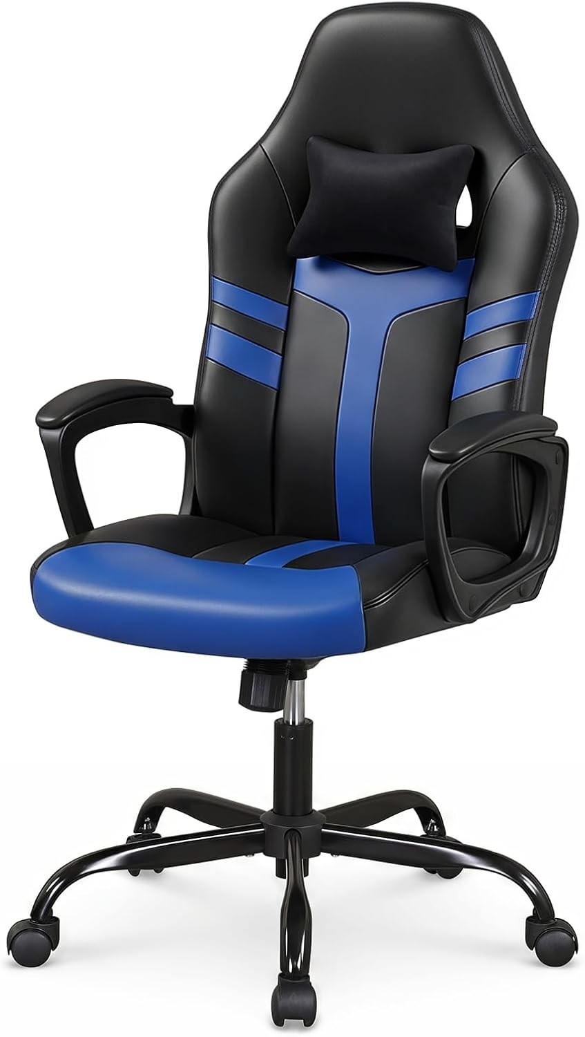 Video Gaming Chair with Headrest, Computer Desk Chair, Blue & Black