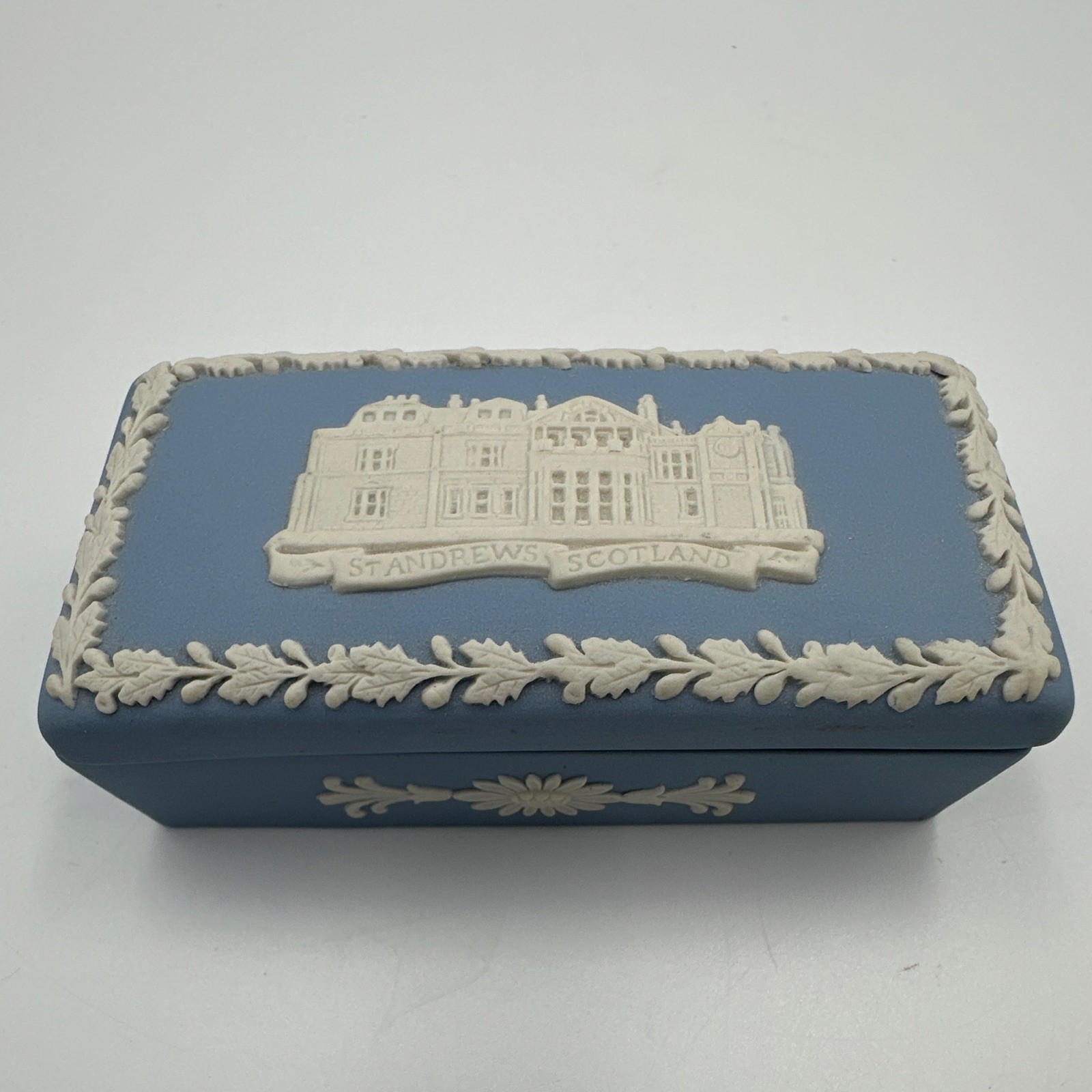 Wedgwood Blue Jasperware St Andrews Scotland Rectangular Trinket Box Lid England