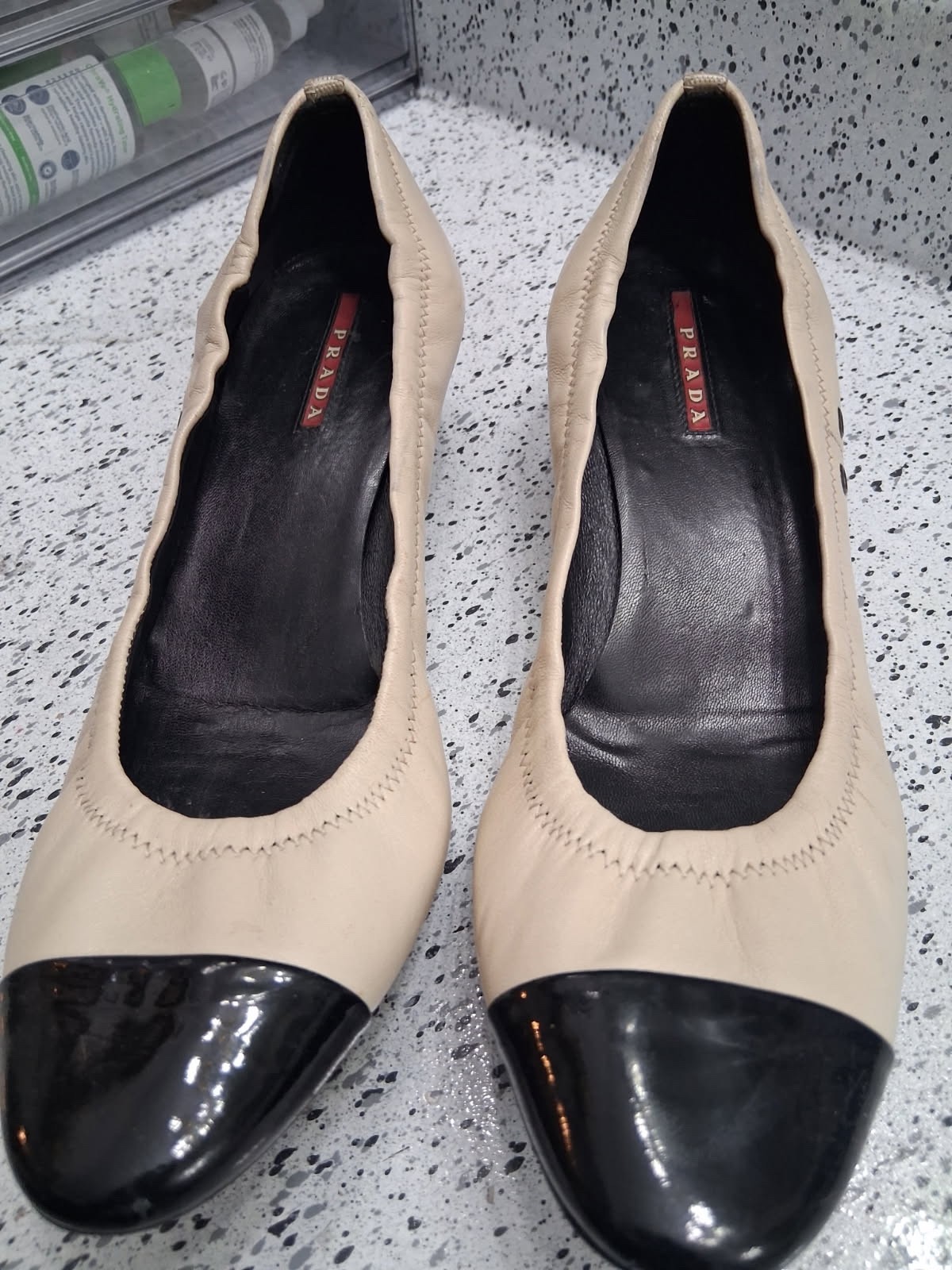 prada women shoes size Vintage Prada Cap-Toe Ballet Pumps Beige Leather Black Pa