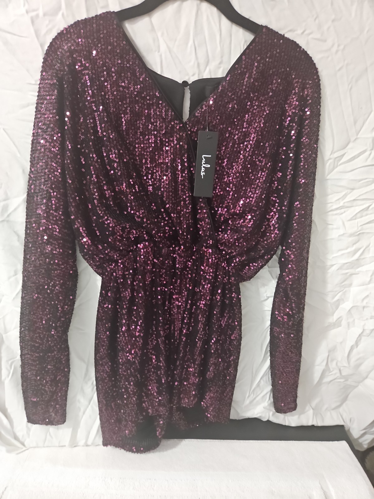 Lulu\'s Dark Magenta Party Til Dawn Sequin Long Sleeve Romper Shorts Size XS NWT Lulu\'s Dark Magenta Party Til Dawn Sequin Long Sleeve Romper Shorts Size XS NWT