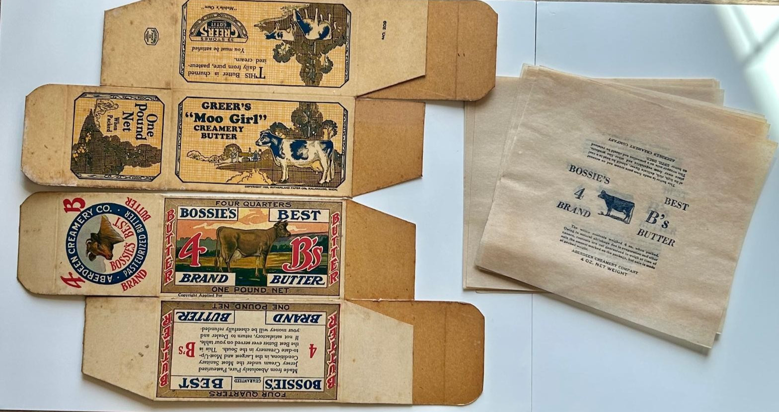 2 Vintage Old 1920s Butter Boxes BOSSIE’s BEST and MOO GIRL + Wrappers