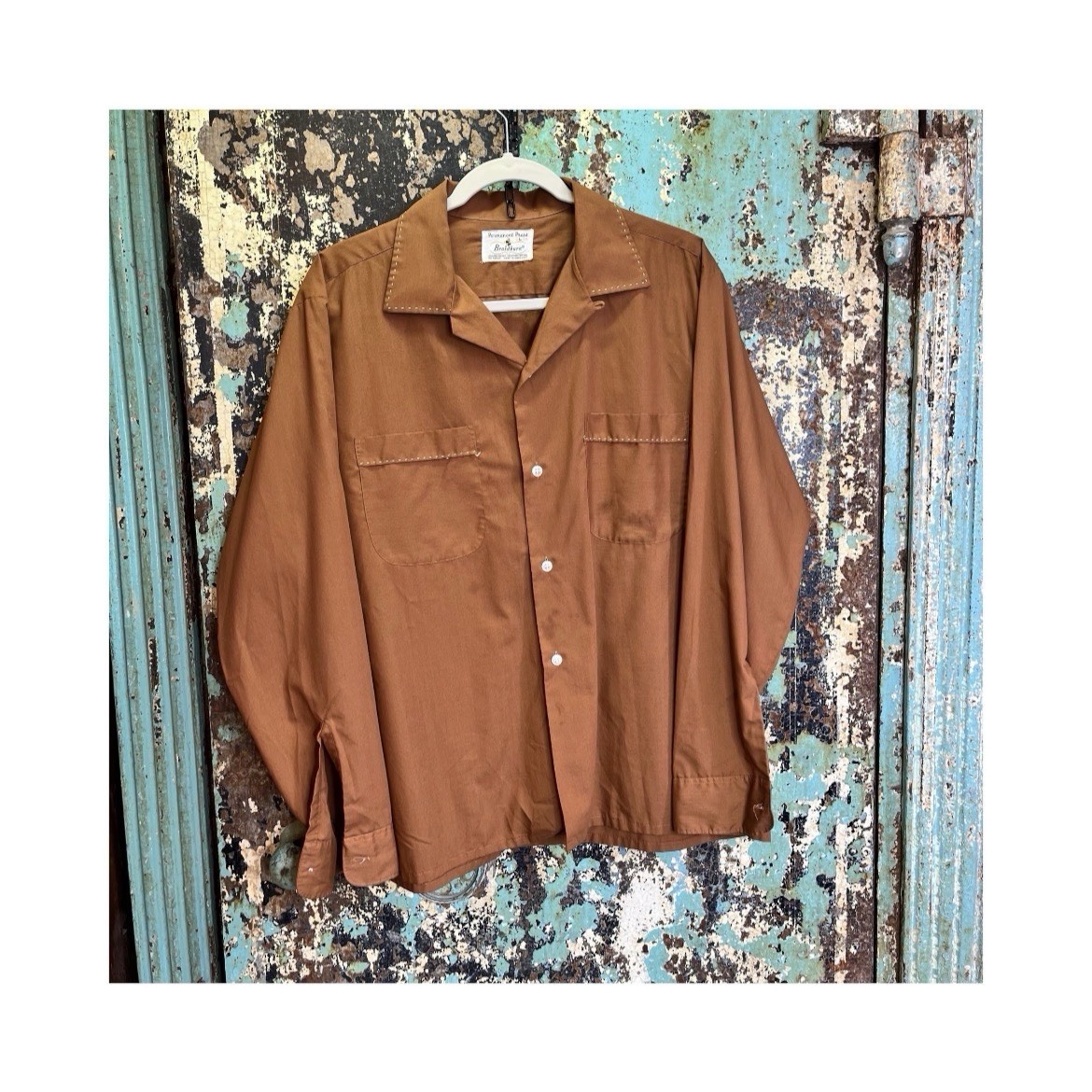 1960s 1970s Brown Loop Collar Rockabilly Shirt Large