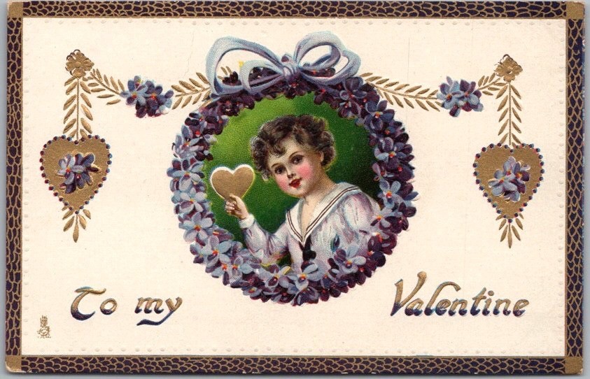 c1910s Tuck\'s VALENTINE\'S DAY Postcard Little Boy with Gold Heart / Violets