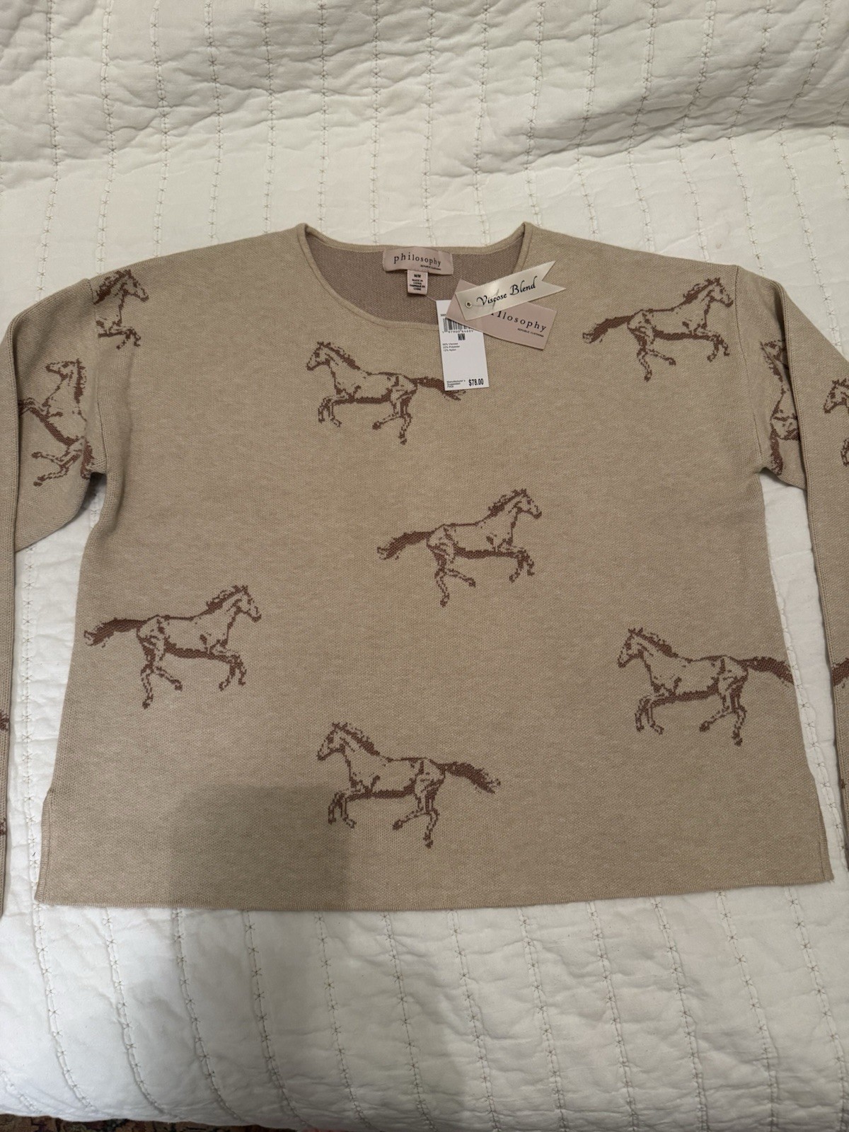 NWT Philosophy Republic Horse Intarsia Sweater M Equestrian Western Tan $78